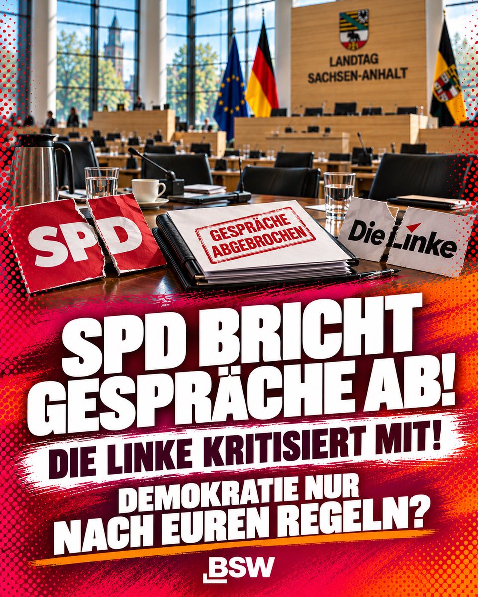 freddyerstrecht's tweet photo. SPD UND LINKE: DEMOKRATIE NUR NACH UNSEREN REGELN?

Die SPD in Sachsen-Anhalt beerdigt Gespräche über einen überparteilichen Ministerpräsidenten, weil das BSW einen AfD-Landtagspräsidenten mitgewählt hat.

Was für ein politisches Armutszeugnis!

Offenbar sollen Abgeordnete nicht mehr nach ihrem Gewissen entscheiden, sondern vorher bei der SPD um Erlaubnis bitten.

Und die Linke? Statt sich für eine politische Alternative einzusetzen, kritisiert sie das BSW für eine parlamentarische Personalentscheidung. So viel zum Anspruch, Politik verändern zu wollen!

Jahrelang wurde die Brandmauer als politisches Allheilmittel verkauft. Die AfD ist dadurch nicht verschwunden. Stattdessen wird jede gemeinsame Abstimmung zum Staatsdrama aufgeblasen.

Eine Abstimmung ist keine Koalition. Ein gemeinsamer Antrag ist keine politische Hochzeit. Und das Parlament ist kein Privatclub von SPD und Linken!

Die CDU hatte den Gesprächen ohnehin bereits eine Absage erteilt. Jetzt erklärt die SPD die Entscheidung des BSW zum Grund, die Tür endgültig zuzuschlagen.

Wer nur mit Menschen reden will, die vorher seine Meinung übernehmen, braucht keine Verhandlungen. Dem reicht ein Spiegel!

SPD und Linke sollten endlich erklären, welche Probleme sie mit dieser Ausgrenzungspolitik tatsächlich gelöst haben.

Während sich andere Parteien in Abgrenzungsritualen verlieren, bleiben die eigentlichen Probleme der Menschen bestehen.

Demokratie ist kein Parteieigentum! Und das BSW braucht keine Erlaubnis von SPD und Linken, um eigenständig Politik zu machen!

#BSW #SachsenAnhalt #SPD #DieLinke #Demokratie