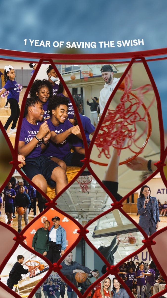 A collage framed by a basketball net reads '1 YEAR OF SAVING THE SWISH' at the top, featuring photos of youth basketball players in purple 'Atlanta United Academy' jerseys, a coach, a speaker, and other event moments.