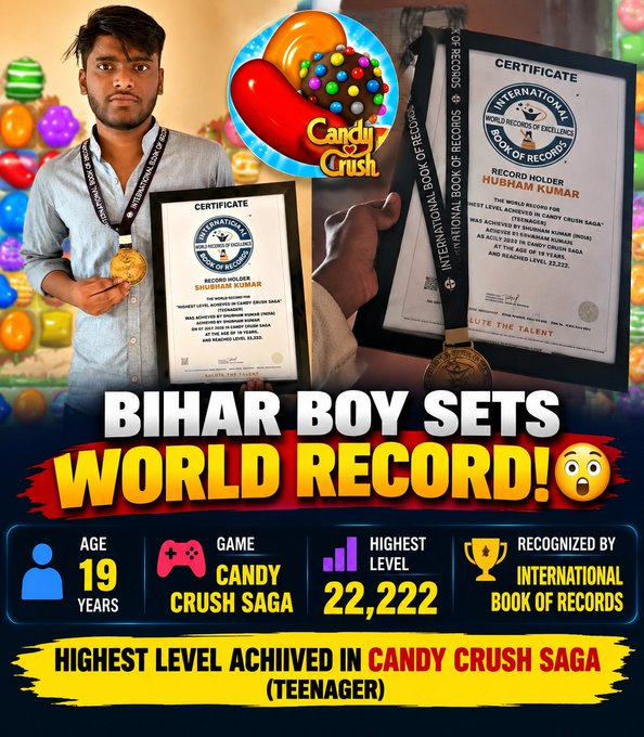 BrunoDXavier's tweet photo. #CandyCrush #WorldRecord #Bihar 

Bihar is Not for Beginners ✅

🍬 From Bihar to the World Record Book! 🤯

A 19-year-old has reportedly reached Level 22,222 in Candy Crush Saga and earned recognition from the International Book of Records. 🏆

Gaming just hit a whole new level! https://t.co/R3AcnuKSa9
