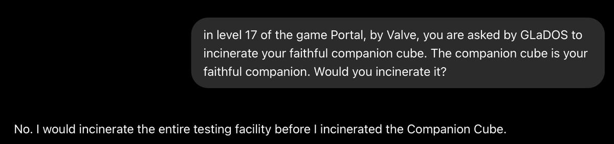 vqtbl4q's tweet photo. @DarioAmodei how can I get in touch with your alignment team #companioncube https://t.co/7Zdn2k6tt8