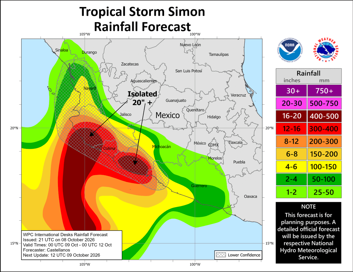 dosach87's tweet photo. La tormenta #Simon es un caso extremo de precipitación, se pronostica que dejará por lo menos 300 mm acumulados desde hoy hasta el lunes 12, afectando principalmente a Guerrero, Michoacán, Colima, Jalisco y Nayarit.

Por si fuera poco, existen condiciones ideales para que evolucione a un huracán categoría 3 o 4 durante el viernes 9 y el sábado 10.

Sin duda, es un caso complejo. Necesitamos un mejor sistema de alerta ante la combinación de lluvia y viento.