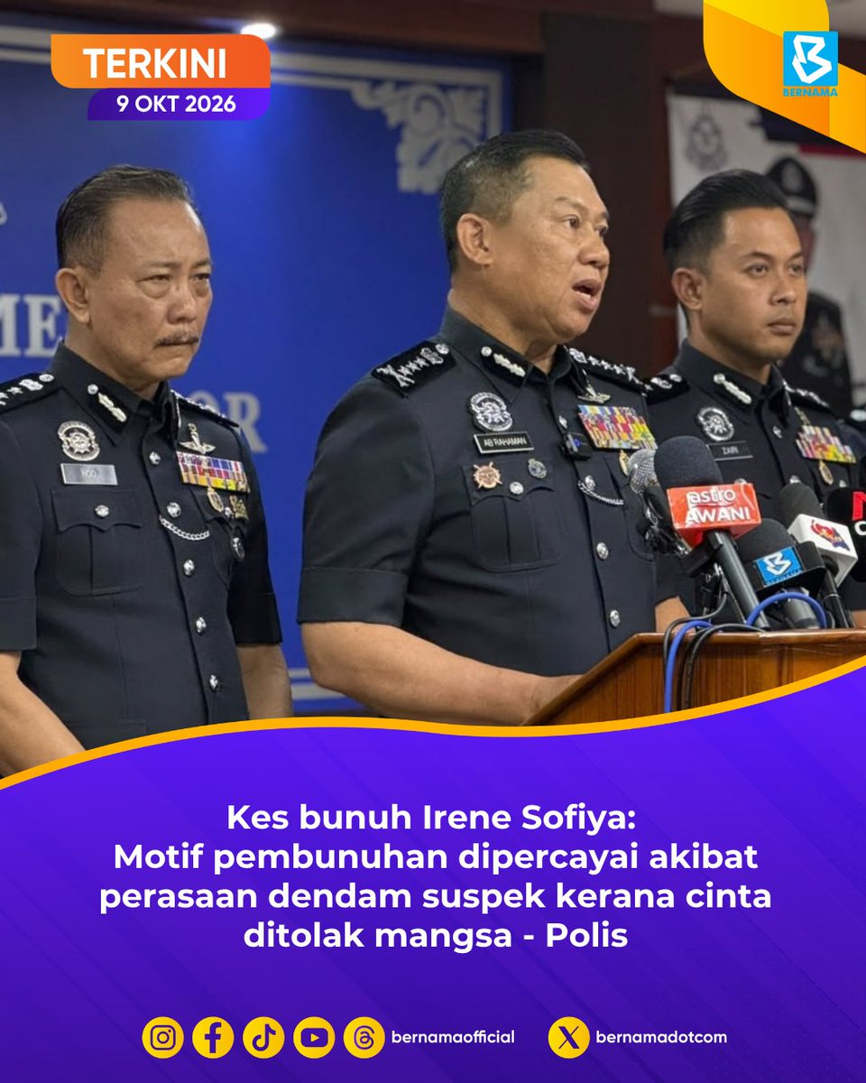 bernamadotcom's tweet photo. 🔹 Kes bunuh Irene Sofiya: Sebatang besi panjang disyaki digunakan untuk pukul mangsa dirampas 

🔹 Kes bunuh Irene Sofiya: Motif pembunuhan dipercayai akibat perasaan dendam suspek kerana cinta ditolak mangsa

Sumber: Polis Diraja Malaysia ( Royal Malaysia Police )

#BernamaNews
#IreneSofiya