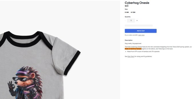 wigslop's tweet photo. Elon just added the motto 'Made on Earth by Humans' to all of the clothes on his new tesla store. seems like even elon is participating in anti ai?? 

https://t.co/2MulmjwzIF https://t.co/yGbzGWGUXb