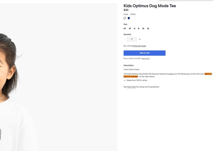 wigslop's tweet photo. Elon just added the motto 'Made on Earth by Humans' to all of the clothes on his new tesla store. seems like even elon is participating in anti ai?? 

https://t.co/2MulmjwzIF https://t.co/yGbzGWGUXb