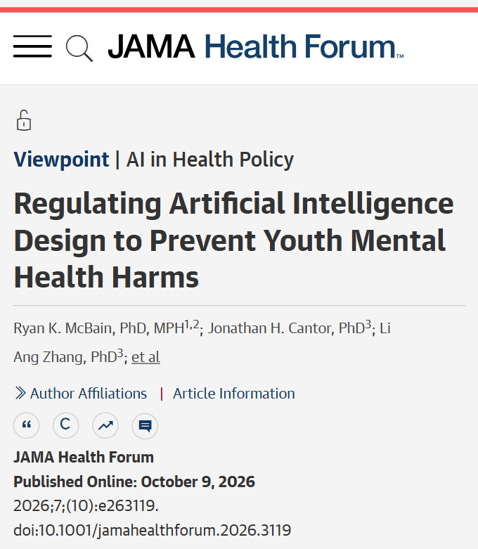 JAMAHealthForum's tweet photo. 📝 Viewpoint: Use of #AI chatbots among young people is expanding fast. Research and regulation should advance together so that evidence generation, proportionate safeguards, and evaluation occur before social harms become the basis for policy action. 

https://t.co/40OM36sPoa https://t.co/jkZyT3T0gb
