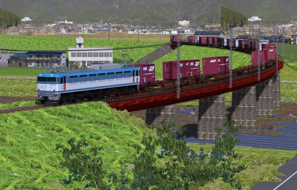 N_Railsim's tweet photo. 杵築の大カーブ風 part4
EF81 貨物列車
 #NのSS後悔所 #Railsim #EF81 https://t.co/C1pbNPIgK2