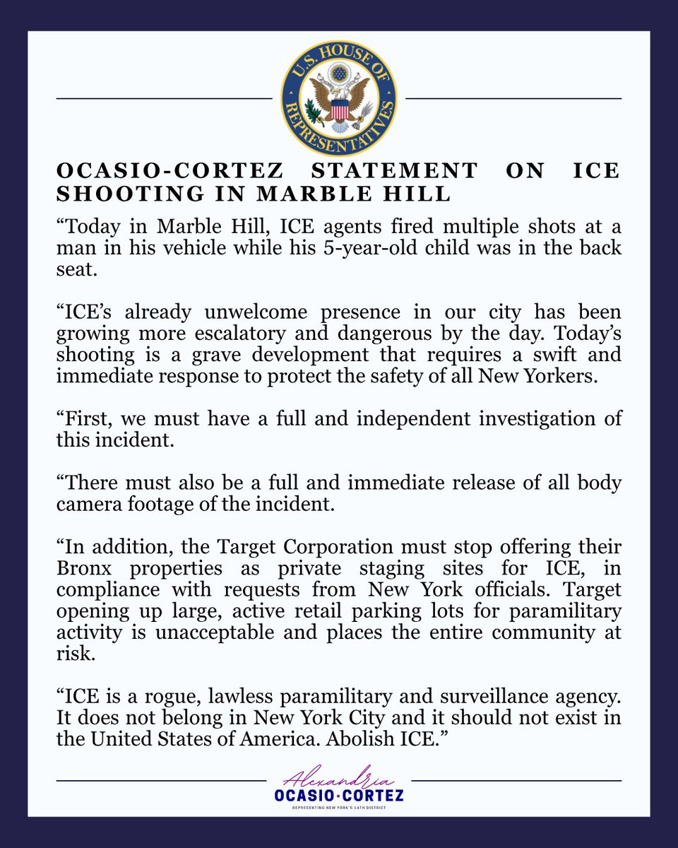 RepAOC's tweet photo. My statement on the ICE shooting in Marble Hill ⬇️ https://t.co/eDXEv5Vxrr