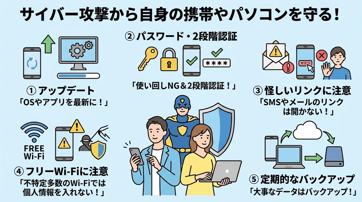 YAMASANV5's tweet photo. スマートフォンやパソコンをサイバー攻撃から守るための対策を、5つの基本ポイントにまとめてイラスト化しました！日常的にこれらを意識するだけでも、安全性が大幅に向上します。
 ① アップデート: 面倒がらずに、OSやアプリはすぐに最新版へ更新。
 ② パスワード・2段階認証: 予測されにくいパスワードを使い、必ず「2段階認証（多要素認証）」を設定。
 ③ 怪しいリンクに注意: 突然届くSMSやメールのリンクはうかつにタップせず、公式サイトなどからアクセス。
 ④ フリーWi-Fiに注意: 公共の無料Wi-Fiでは、個人情報やパスワードの入力を控える。
 ⑤ 定期的なバックアップ: 万が一データが暗号化されたり壊れたりしても復元できるよう、クラウドや外付け機器に保存。
まずはできるところから、設定や習慣を見直してみてください。