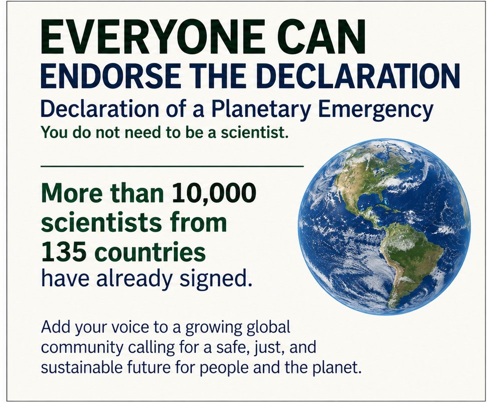 WilliamJRipple's tweet photo. We invite everyone (nonscientists) to endorse the Declaration of a Planetary Emergency, part of the upcoming World Scientists’ Warning to Humanity: A Third Notice. Add your name and share widely. Your endorsement helps show public concern about our planet. https://t.co/e5Ny8jzh72 https://t.co/8Uon7FQKWX