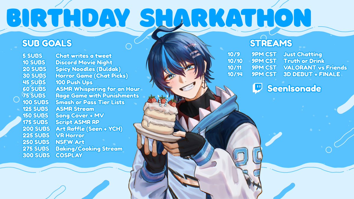 SeenIsonade's tweet photo. BIRTHDAY SUBATHON 🎉🦈

Join this shark to celebrate his birthday!

Your personal invite in replies~ https://t.co/HEPlSYHzYX