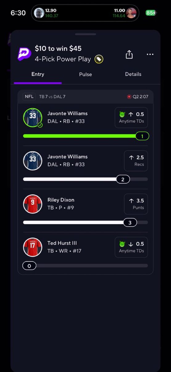 mobparlayp's tweet photo. 🔥 4-PICK POWER PLAY 🔥
💰 $10 TO WIN $45
🏈 Javonte Williams — OVER 0.5 Anytime TDs ✅
🏈 Javonte Williams — OVER 2.5 Receptions
🏈 Riley Dixon — OVER 3.5 Punts
🏈 Ted Hurst III — UNDER 0.5 Anytime TDs ✅
🎯 LET’S CASH! 💰🔥
#PrizePicks #NFLPicks #PowerPlay #NFL #SportsPicks #BettingPicks #WinningPicks #NFLBetting #Picks #SportsBetting