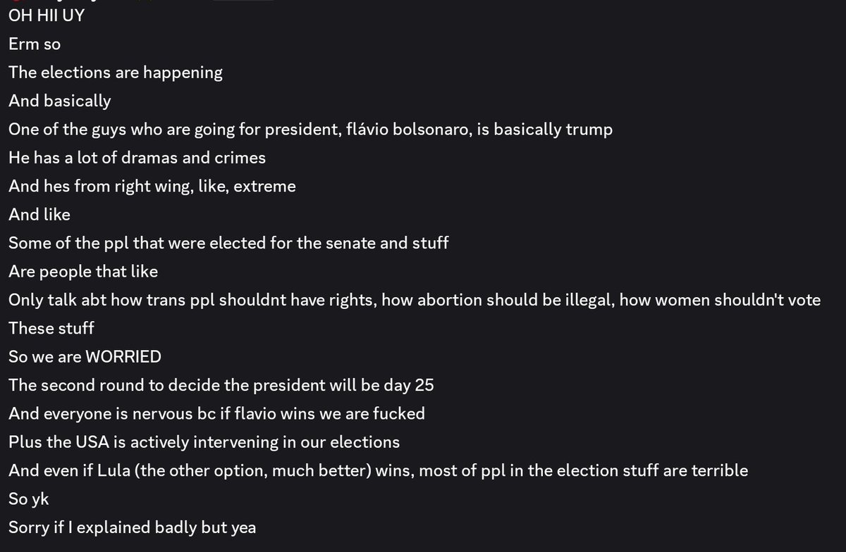 R0seFox's tweet photo. PLEASE SPREAD AWARENESS TO WHATS HAPPENING IN BRAZIL!!
 I asked oomf about the situation bc I had relatives in that country, basically a person named flavio is going through the presidential elections but hes a horrible, basically like trump. If he wins brazil is doomed https://t.co/egPF52rKlz