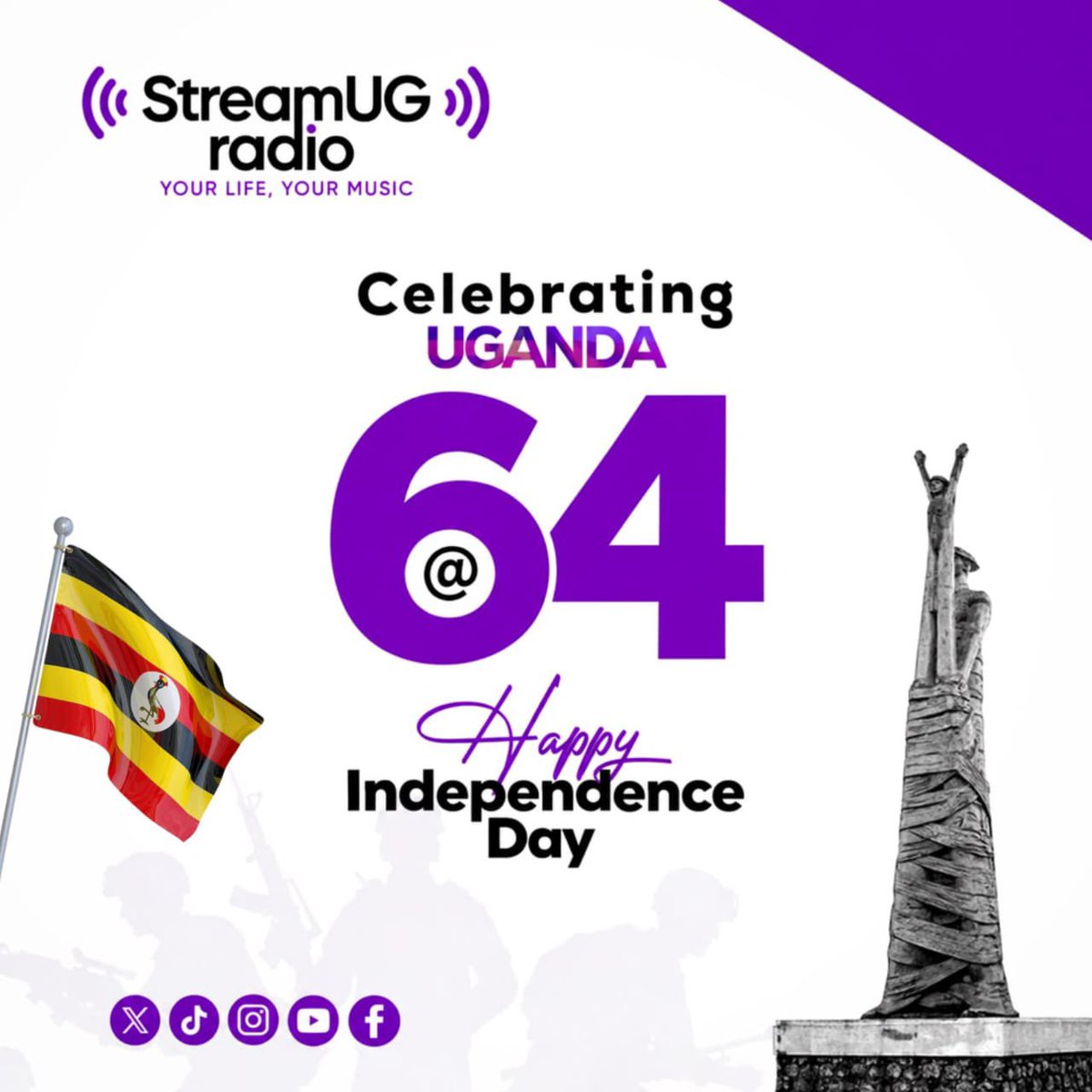 StreamUGRadio's tweet photo. 🇺🇬💜 Uganda at 64! Celebrating our freedom, unity, culture, and the spirit of our beautiful nation. Happy Independence Day from StreamUG Radio! 🎶🔥

🎧 Listen live: https://t.co/pC9L5rDky3

#UgandaAt64 #IndependenceDay #StreamUGRadio https://t.co/n0j3io4SF8
