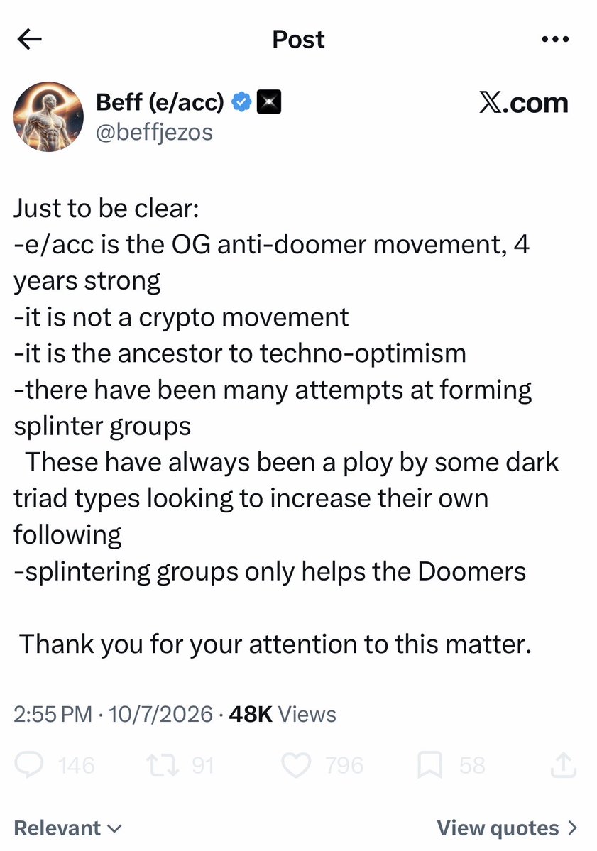 gssp_acc's tweet photo. Just to be clear:
-everything Beff says about e/acc’s founding is a lie
-techno-optimism vastly predates e/acc
-Beff is a grifter of the highest order
-Beff will take your money and ideas and shit on you
-the sooner you realize this the better https://t.co/MxVUThrIhM