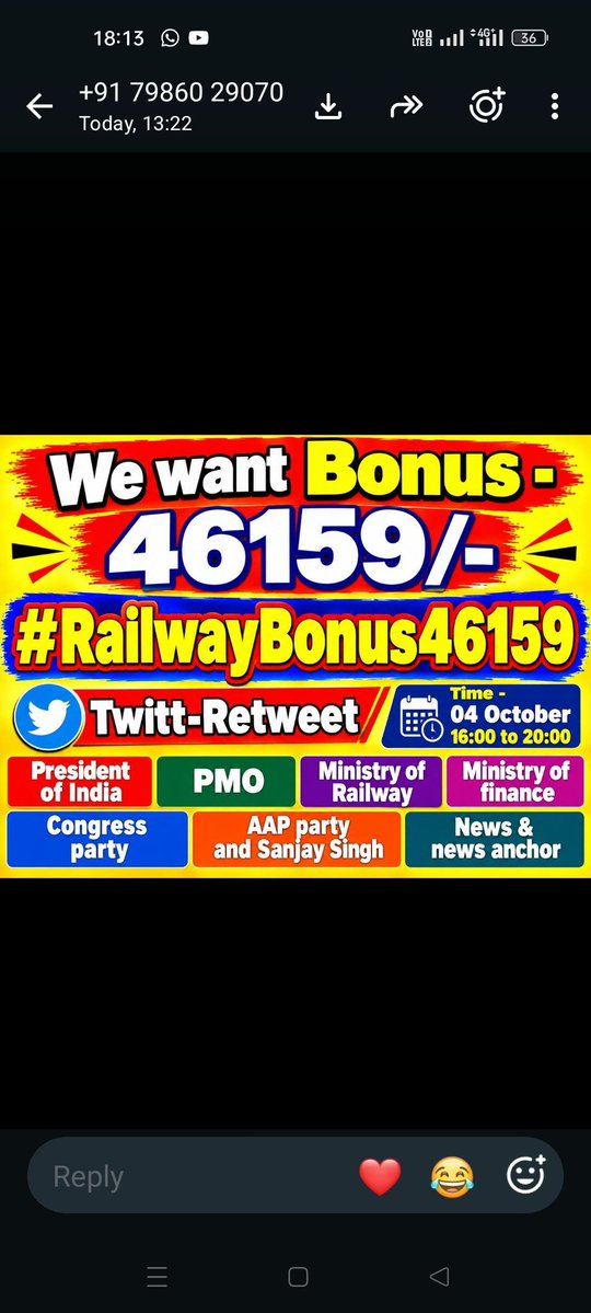ArvindK33789319's tweet photo. कर्मचारियों को भीख नहीं अधिकार चाहिए उत्पादन पर आधारित बोनस (PLB) की राशि सातवें वेतनमान के न्यूनतम बेसिक के आधार पर 46159 रू देना होगा।

#RailwayBonus46159

@RailMinIndia @AshwiniVaishnaw @PMOIndia @BBCWorld @RahulGandhi @bbcbangla 
@BBC @timesofindia https://t.co/24DXi28Wov