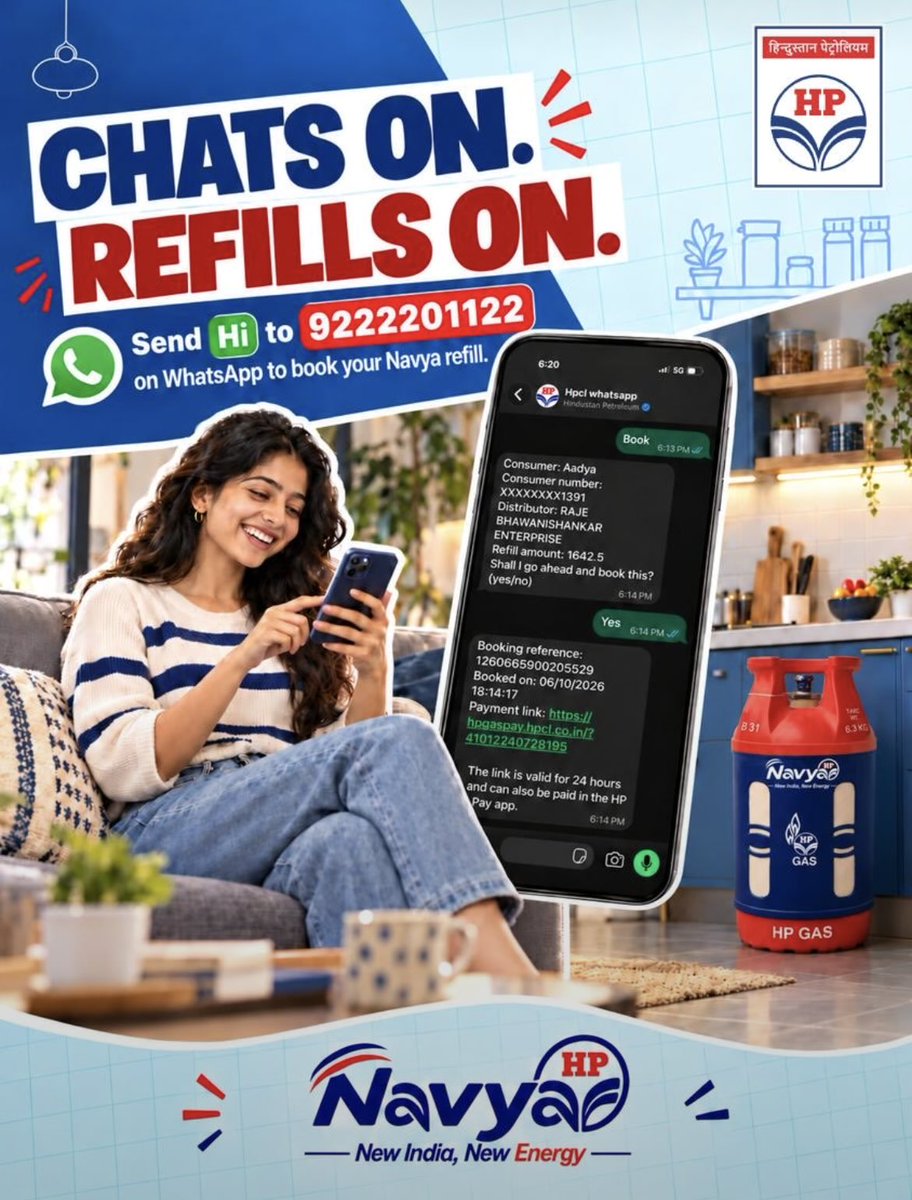 Its_Safdar's tweet photo. HP NAVYA IS NOW ON WHATSAPP! 📲

Your favourite lightweight, stylish &amp; rust-free HP Navya cylinder can now be booked through WhatsApp!

Simply send “Hi” to 92222 01122 on WhatsApp and follow the instructions to book your HP Navya refill. @HPCL @HPGAS_HQO https://t.co/j7Yd4ed7Nx