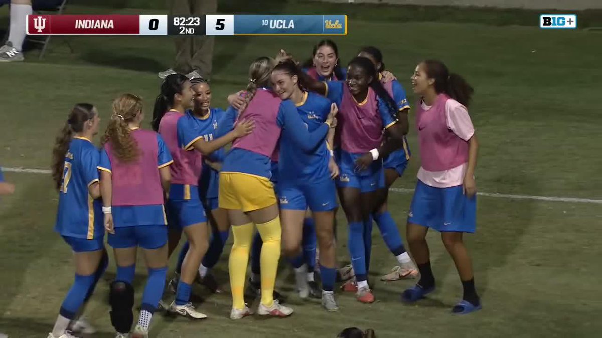 UCLA women's soccer team players celebrating together on the field after a goal, with the scoreboard showing Indiana 0 - UCLA 5 at 82:23 in the 2nd half, broadcast on BIG+.