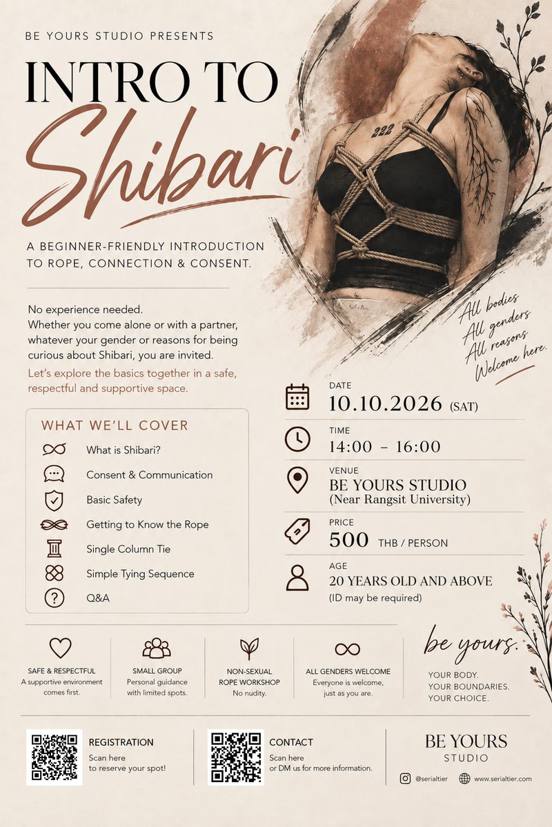 SerialTier's tweet photo. พรุ่งนี้แล้วค่ะ! 🖤 สำหรับเวิร์กช็อปพื้นฐานทำความรู้จัก Shibari

⚠️ ไม่รับ Walk-in ต้องลงทะเบียนและชำระเงินล่วงหน้าเท่านั้น

🖤 ค่าลงทะเบียน 500 บาท

🔗 ลงทะเบียนได้ที่ลิงก์ด้านล่าง หรือแสกน QR code ในรูปได้เลยค่ะ

https://t.co/HFCSTu6M5y

หลังจากลงทะเบียนและชำระเงินเรียบร้อยแล้ว จะได้รับอีเมลยืนยันพร้อมโลเคชันของสตูดิโอค่ะ

แล้วเจอกันพรุ่งนี้นะคะ 🖤

━━━━━━━━━━━━━━

Tomorrow is the day! 🖤 Join me for our Introduction to Shibari: Beginner Workshop.

⚠️ No walk-ins accepted. Advance registration and payment are required.

🖤 Registration fee: 500 THB

🔗 Register via link below or scan the QR code in the post

https://t.co/HFCSTu6M5y

Once your registration and payment are complete, you’ll receive a confirmation email with the studio location.

See you tomorrow! 🖤