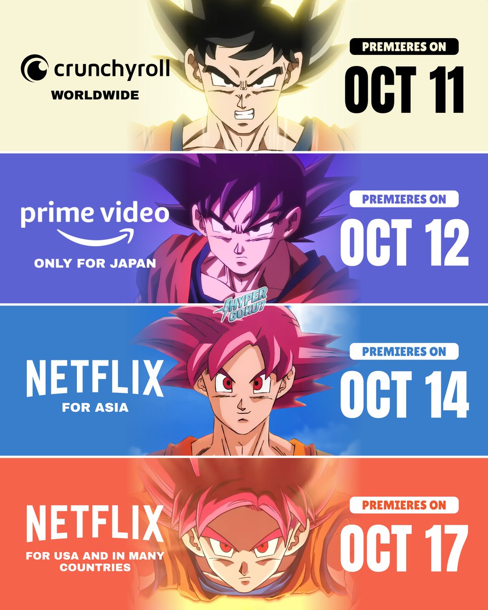 hypergoku8's tweet photo. Dragon Ball Super: Beerus will be streaming worldwide on Crunchyroll and Netflix.

It will stream exclusively in Japan on Prime Video, while Crunchyroll will start streaming worldwide on the 11th.

Netflix will start first in Asia on the 14th, followed by the US and other countries starting on the 17th.
