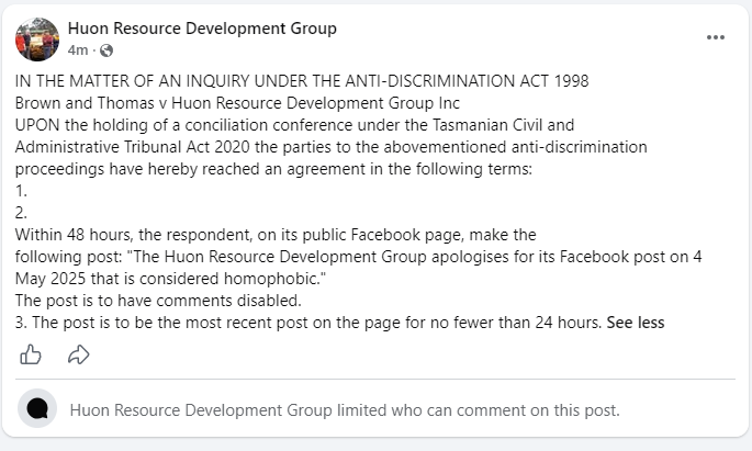 AdamBurling's tweet photo. Tasmanian pro-logging group ( Labor member George Harris and Bennett's Logging's Tammy Price, legal officers) forced to apologise over homophobic slur against Bob Brown and his partner on Facebook. Tasmanian Labor MP @DeanWinterMP a member and proud supporter of group. #politas https://t.co/FLy7a20dLJ