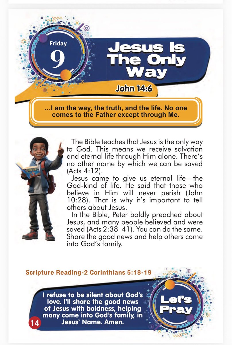 SaintSeyiB's tweet photo. JESUS IS THE ONLY WAY

📖  "...I am the way, the truth, and the life. No one comes to the Father except through Me" (John 14:6).

The Bible teaches that Jesus is the only way to God. This means we receive salvation and eternal life through Him alone. There's no other name by which we can be saved (Acts 4:12).

Jesus came to give us eternal life---the God-kind of life. He said that those who believe in Him will never perish (John 10:28). That is why it's important to tell others about Jesus.

In the Bible, Peter boldly preached about Jesus, and many people believed and were saved (Acts 2:38-41). You can do the same. Share the good news and help others come into God's family.

📚 SCRIPTURE READING 
2 Corinthians 5:18-19  
"[18] And all things [are] of God, who hath reconciled us to himself by Jesus Christ, and hath given to us the ministry of reconciliation; [19] To wit, that God was in Christ, reconciling the world unto himself, not imputing their trespasses unto them; and hath committed unto us the word of reconciliation."

LET'S PRAY
I refuse to be silent about God's love. I'll share the good news of Jesus with boldness, helping many come into God's family, in Jesus' Name. Amen.

#RORER 
#RhapsodyOct9