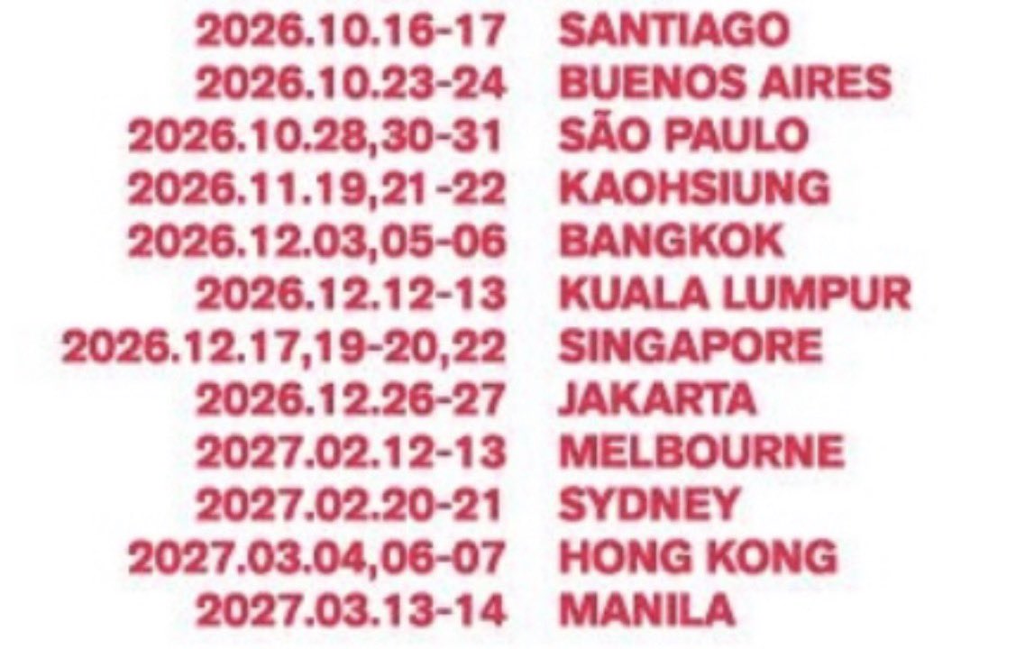 arirangliz's tweet photo. These are the rest of the tour stops on this leg after Lima. I’m desperate, but I really need us all to figure out what’s within our control to make sure this is never repeated again. Each to our own fanbases, let’s get strategic and smart about it. This needs to stop. https://t.co/h7ANkK5MPE