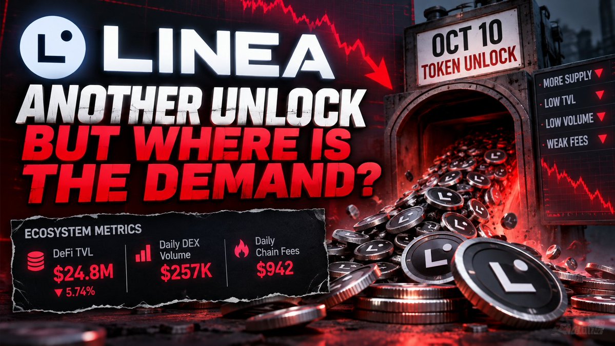 TDubZero's tweet photo. Warning to the 2,974 active addresses on Linea! https://t.co/JYZicOtIit

🚨 $LINEA has another token unlock scheduled for October 10.

Meanwhile, look at the state of the ecosystem:

• DeFi TVL: $24.8M
• Daily DEX volume: ~$257K
• Daily chain fees: ~$942

And now potentially hundreds of millions more LINEA become unlocked.

Where is the organic demand supposed to come from to absorb these emissions?

You can't build a sustainable ecosystem on token unlocks and incentives alone. At some point, real adoption and actual revenue have to justify the tokenomics.

As someone who actually built on Linea, I find these numbers extremely disappointing.

Builders deserve better. Holders deserve answers.

This post is brought to you by those that specifically attacked me for protecting others! @LineaBuild

#LINEA #Ethereum #Crypto