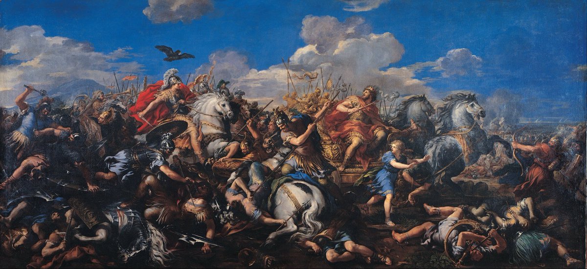 Historyinwds's tweet photo. On October 1st, 331 BC, Alexander the Great crushed Darius III at Gaugamela. Roughly forty thousand Macedonians bravely fought a Persian force that some say may have been upwards of two hundred thousand strong. 

The battle itself was a masterpiece of preparation. Darius chose the flat plain deliberately so his scythed chariots and massed cavalry could run free, he even had his men level the ground. 

Alexander countered by marching his army diagonally across the field overnight, so the Persians had to adjust their whole line to face him which stretched it thin and opened gaps.

Alexander’s moment came when he spotted a weak point on the left of the Persian line, so he drove his Companion cavalry straight through it, and charged at Darius personally. 

Darius fled and the Persian army collapsed behind him.

The aftermath is the part people normally forget where Alexander marched into Babylon without confrontation, took Susa and Persepolis, then burned the royal palace to the ground after a drinking party, some say that it was revenge for Xerxes burning Athens a century and a half earlier. 

On all accounts, Alexander was disappointed with himself that he lit the first torch, but the damage was done.