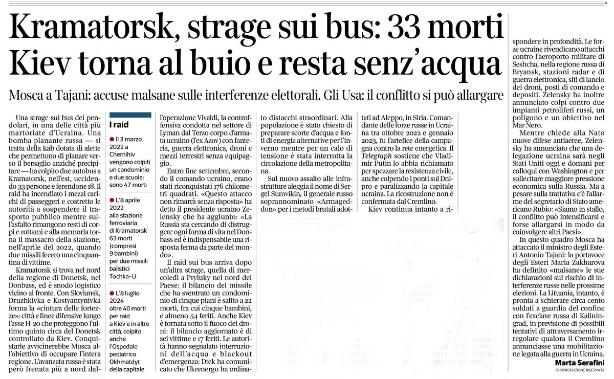 francofontana43's tweet photo. Kramatorsk, strage sui bus: 33 morti
Kiev torna al buio e resta senz’acqua
@martaserafini, @Corriere https://t.co/ohdhBRFTyP