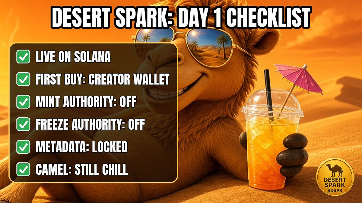 DSPKSOL's tweet photo. Desert Spark ($DSPK) is live on Solana. πͺβ‘
First buy: 0.01 SOL from the creator wallet.
Mint & freeze authority: disabled.
Tx: https://t.co/XBpEnPohg7
CA: 8A9LZxP9DfWuNfzCornJFQ7WmQq6LmpR5zBWdRe3pump
ONE CAMEL. ONE SPARK. AN ENDLESS DESERT.
#DSPK #Solana #Memecoin https://t.co/756E3uEClp