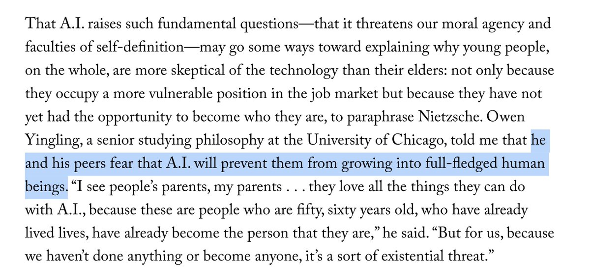 afrazhaowang's tweet photo. a great @NewYorker essay by Becca Rothfeld on the humanistic reasons behind the anti-AI movement: AI is arriving too early in young people’s lives, and they fear it will prevent them from growing into fully fledged humans—in a sense, an existential threat.

https://t.co/J1is56CrdF