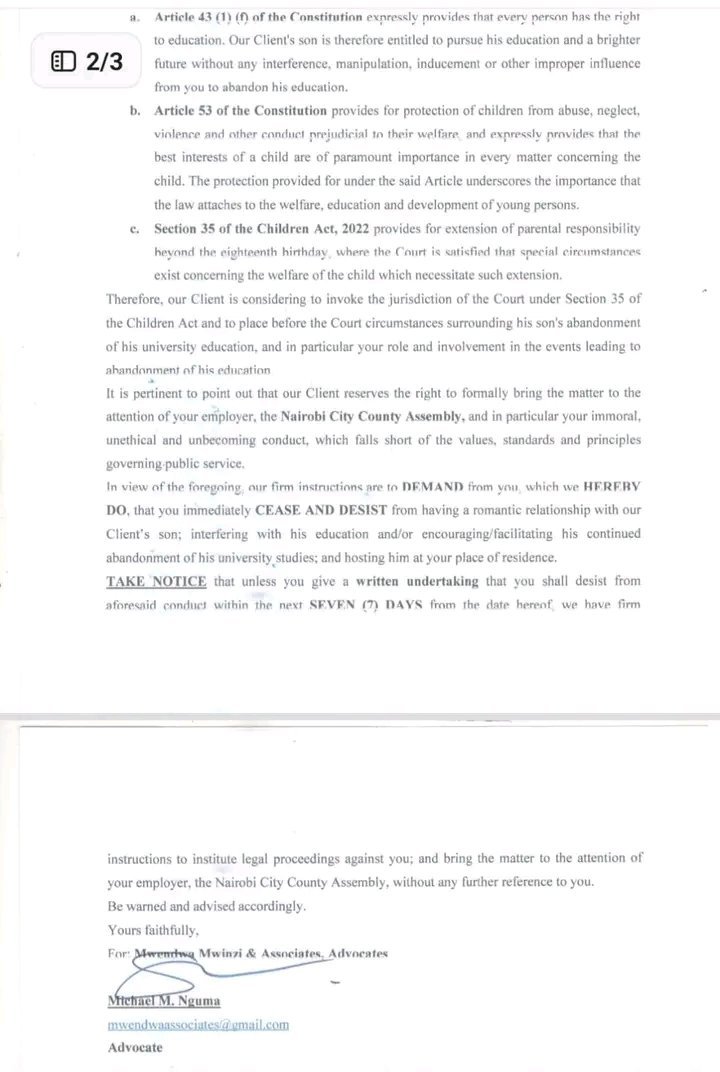 NyakundiReport's tweet photo. Parents of 19-year-old Kabarak University student Ian Mutinda Mumo have hired a lawyer to demand answers from Nairobi County Assembly Deputy Clerk Monicah M. Muthami, 57, whom they accuse of taking their son from university and bringing him to live with her in Nairobi.

The parents claim they sold their only piece of land to raise KSh300,000 for his university fees, only for him to end up in a relationship that has raised concerns about his education and future. 

Village elders, pastors and the area chief have been drawn into the dispute, with both parties said to come from the same village.
