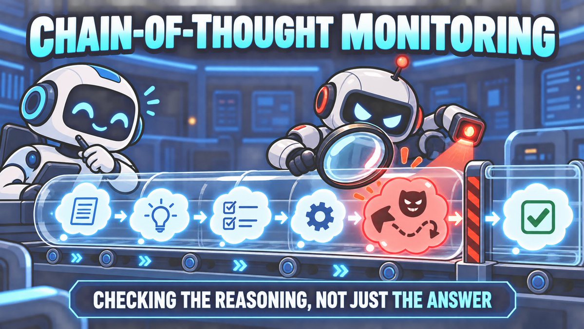 dadgogo_com's tweet photo. New AI term: chain-of-thought monitoring.

A second model checks an AI’s written reasoning for deception, reward hacking, or unsafe plans—not just its final answer.

Useful, but fragile: the trace may be incomplete.

https://t.co/RN89ds3U05 https://t.co/8WnCyBbfbM