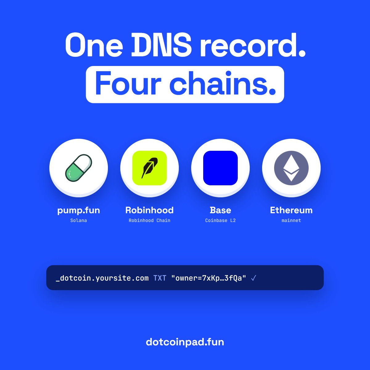 Dotcoinpad's tweet photo. One DNS record. Four chains.

pumpfun. Robinhood Chain. Base. Ethereum.

Send your coin's fees to any website.

https://t.co/5uM84u4UqH https://t.co/LFGZdijcpI