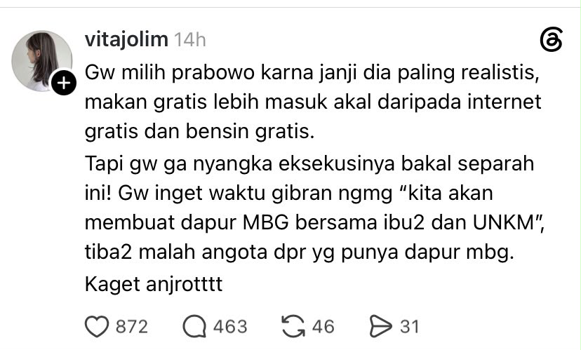 LambeSahamjja's tweet photo. kakak ini cerita dia dulu memilih prabowo karena janjinya paling realistis

makan gratis lebih masuk akal daripada internet gratis dan bensin gratis

tapi dia tidak menyangka pelaksanaannya bakal seburuk ini

dia ingat gibran bilang "kita akan membuat dapur mbg bersama ibu-ibu dan umkm"

tiba-tiba malah anggota dpr yang punya dapur mbg
dia kaget