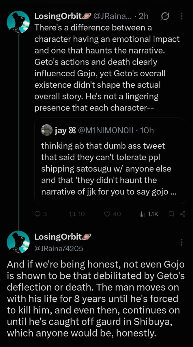 lunalagojo's tweet photo. People can be so disingenuous about Gojo &amp; Geto just because they don't like the ship.

There isn't even a teacher gojo to go collect special grade kids without geto's existance https://t.co/LpynPdCALJ