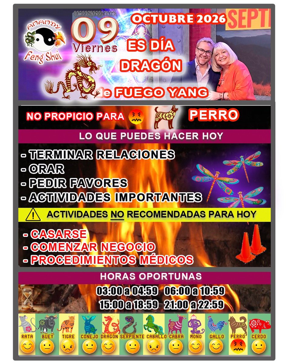 AnandyFeng's tweet photo. *VIERNES 9 DE OCTUBRE 2026* Puedes terminar relaciones que no te sean favorables, dedica tiempo a la oración por ti, los tuyos y el planeta. Es auspicioso para pedir favores. Atiende sólo actividades de importancia. *PERRO*  debes ser cauteloso. Con amor Anandy🙏🏻🤗🌹 https://t.co/JggWOl8TIR