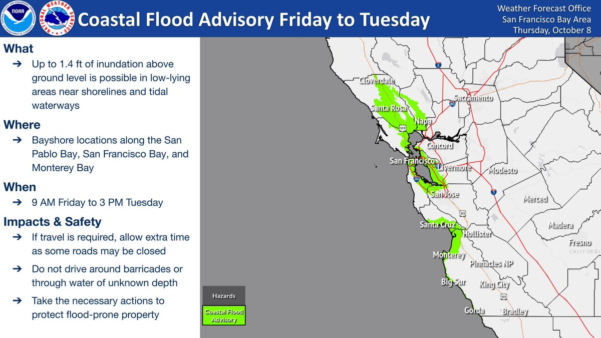 NWSBayArea's tweet photo. A Coastal Flood Advisory has been issued for 9 AM Friday to 3 PM Tuesday for bayshore locations along the San Pablo Bay, San Francisco Bay, and Monterey Bay. Minor coastal flooding is expected during the highest high tide - do not venture around barricades or through water. #CAwx https://t.co/WJwhc6FDQp