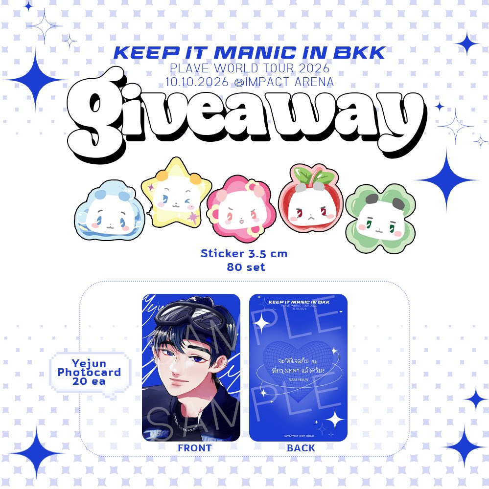 by_build's tweet photo. ₊˚⊹ 𓆩♡𓆪 ⊹˚₊

rts appreciated

🫧 𝐀 𝐋𝐈𝐓𝐓𝐋𝐄 𝐆𝐈𝐅𝐓 𝐅𝐎𝐑 𝐏𝐋𝐋𝐈𝐒 🩵

🎁 𓂃 Sticker 80 set / Photocard 20 ea
💌 𓂃 Time : t/b Location : Impact Arena

มารับกันได้เลยนะคะ🫶🫶

#PLLIมาแจก 
#2026_PLAVE_World_Tour_in_Bangkok 
#KEEP_IT_MANIC_in_Bangkok https://t.co/wR6k7p43Xm