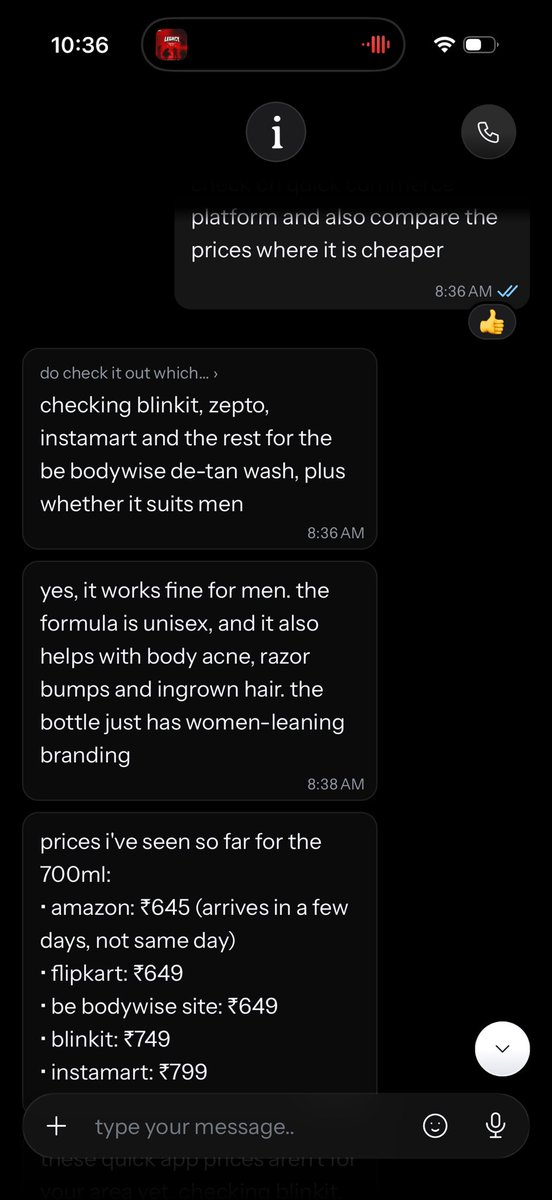 damnvikram's tweet photo. Asked @iradotso for the best body wash to remove tanning 

Also asked her to compare prices on different platforms for my location

Instamart sells that at higher price than any platform https://t.co/RmbjSagCKe