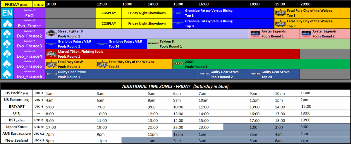 _AmedeoAvogadro's tweet photo. Stream schedule for EVO France 2026 #EvoFrance2026 

Brackets: https://t.co/J3unxDohe6 

info: @Evo_France &amp; https://t.co/OOqaB6O68f 

Special thanks to @acekingoffsuit https://t.co/pnNLjIZdVr