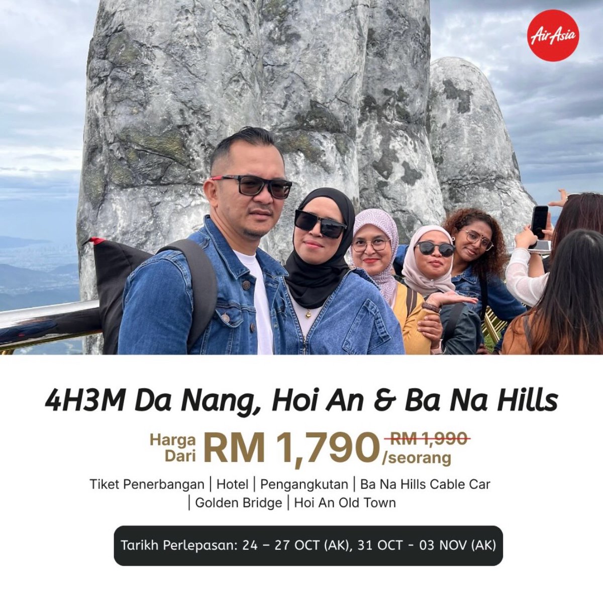 pandizmorgan's tweet photo. Jom ke Vietnam! 4H3M Da Nang, Hoi An &amp; Ba Na Hills. Nikmati Golden Bridge, cable car, Hoi An dan pantai. Dari RM1, 790 seorang termasuk penerbangan, hotel 4 bintang, sarapan, pengangkutan &amp; lawatan. Berlepas Okt-Nov 2026. https://t.co/LehRGYINbZ
