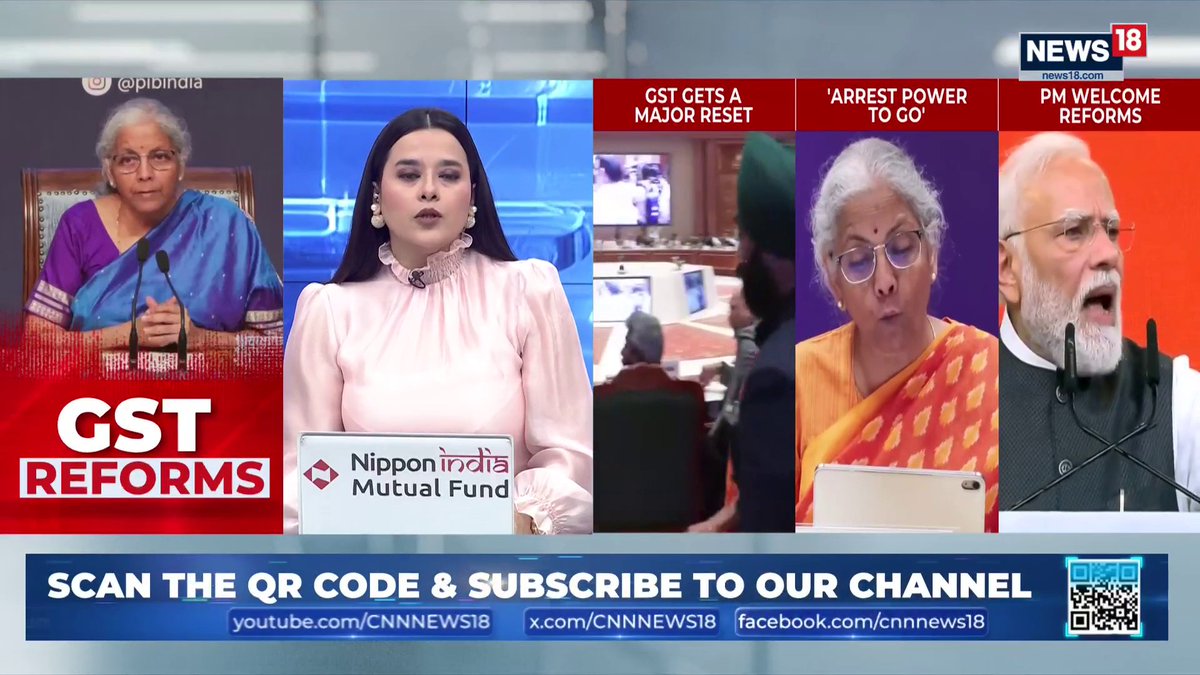A News18 broadcast features an anchor alongside Finance Minister Nirmala Sitharaman discussing "GST REFORMS," with on-screen headlines highlighting "GST GETS A MAJOR RESET," "'ARREST POWER TO GO,'" and "PM WELCOME REFORMS," aligning with the announcement of GST Council reforms easing compliance for traders and MSMEs.