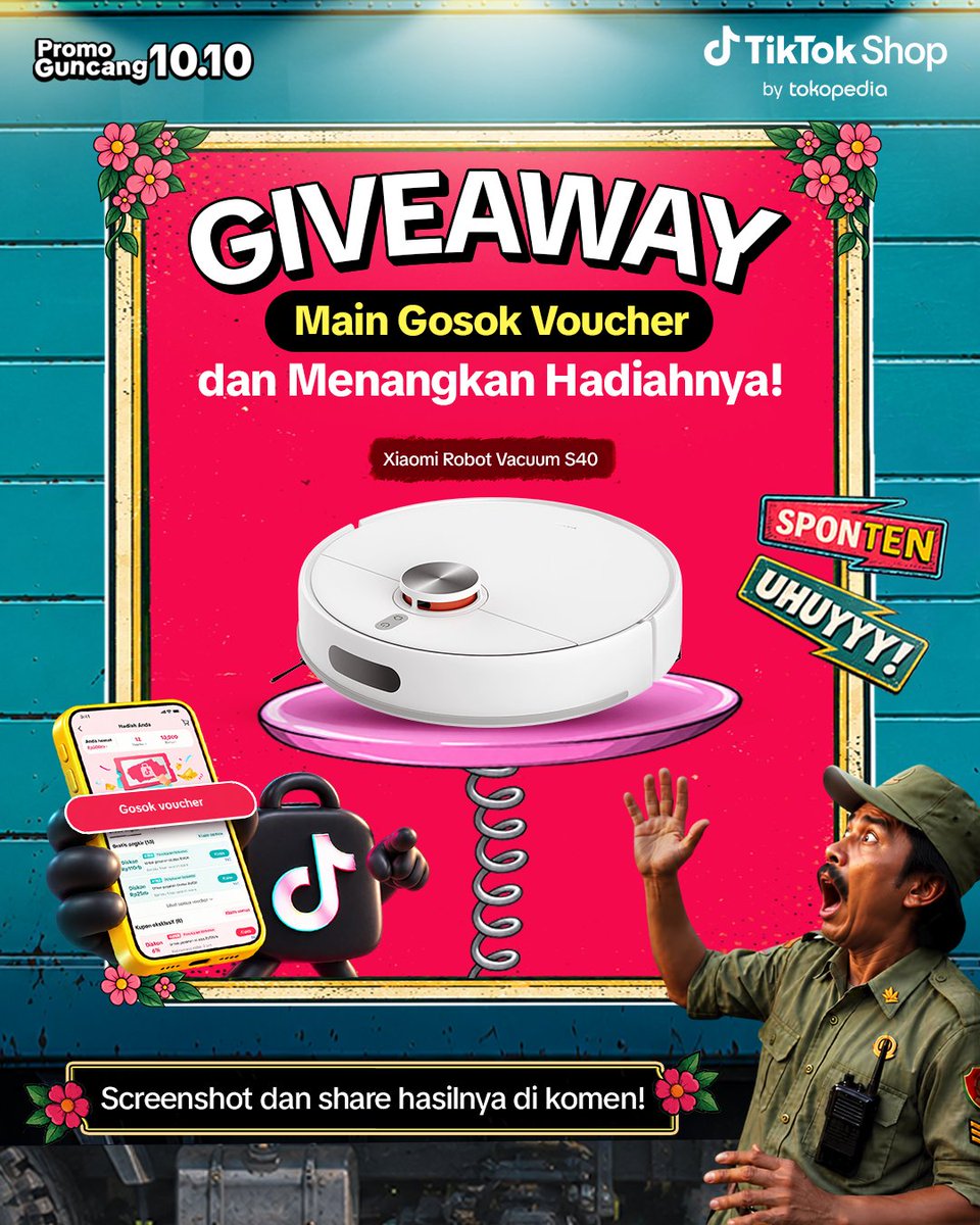 TikTokShop_IDN's tweet photo. 🎉GIVEAWAAAAAY TIMEEEEE🎉

Siapa nih yang mau dapetin Xiaomi Robot Vacuum S40 dari TikTok Shop by Tokopedia? Jangan lupa main gosok voucher dulu hari ini ya! https://t.co/0mwKdJIJWv