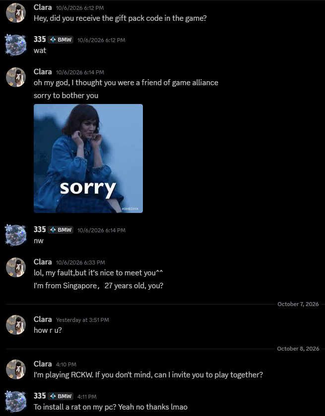 freefbojacob's tweet photo. new #discord scam going around, not sure what the end goal is but they'll try to invite you to a game on steam that has a backend exploit which installs malware allowing remote access to your desktop.
be cautious https://t.co/RNDopdbB46