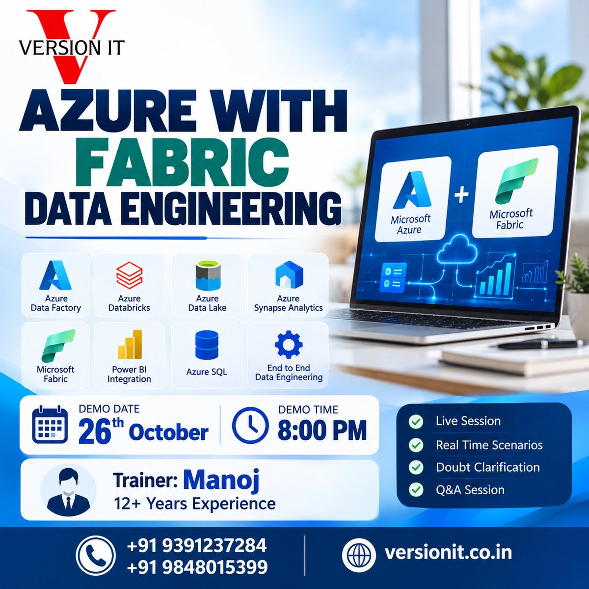 VersionitCloud's tweet photo. Azure with Fabric Data Engineering!

📅 Oct 26 | ⏰ 8:00 PM
👨‍🏫 Manoj Sir | 12+ Years Experience

Learn Azure Data Factory, Databricks, Microsoft Fabric &amp; Power BI.

📞 +91 9391237284
🌐 https://t.co/SKrgb9eJHP

#Azure #MicrosoftFabric #DataEngineering https://t.co/6tR93bSwNm