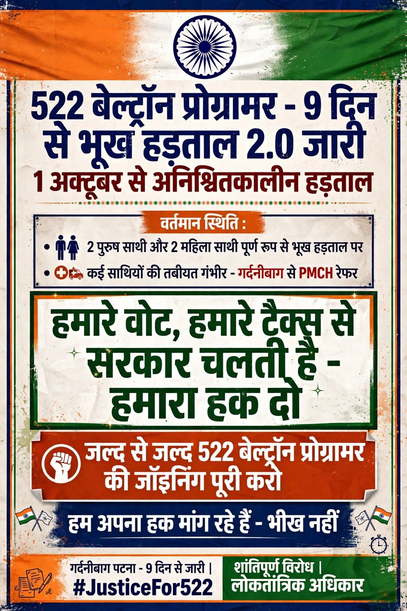 ghrit_kumar's tweet photo. @samrat4bjp 2 Oct का वादा, 9 Oct हो गया
9 महीना wait, 9 दिन भूख हड़ताल
Deploy 522 Beltron Programmer
#JusticeFor522BeltronProgrammer https://t.co/52XNIp37or