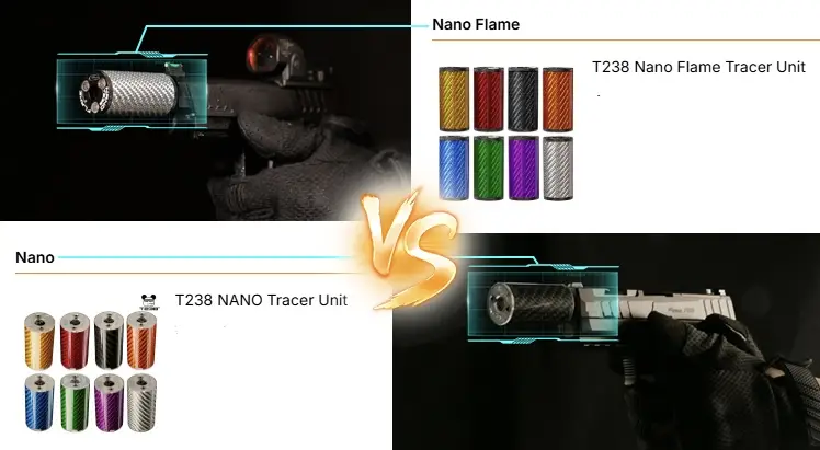 t238_official's tweet photo. T238 Nano VS Nano Flame ⚡
軽量化か、それとも機能性か?
以下をチェック👇
https://t.co/2Nf7gMIKcG
https://t.co/PAy5aNPTBM
#airsoft #tracer #tracerunit https://t.co/BVJH1UprCN