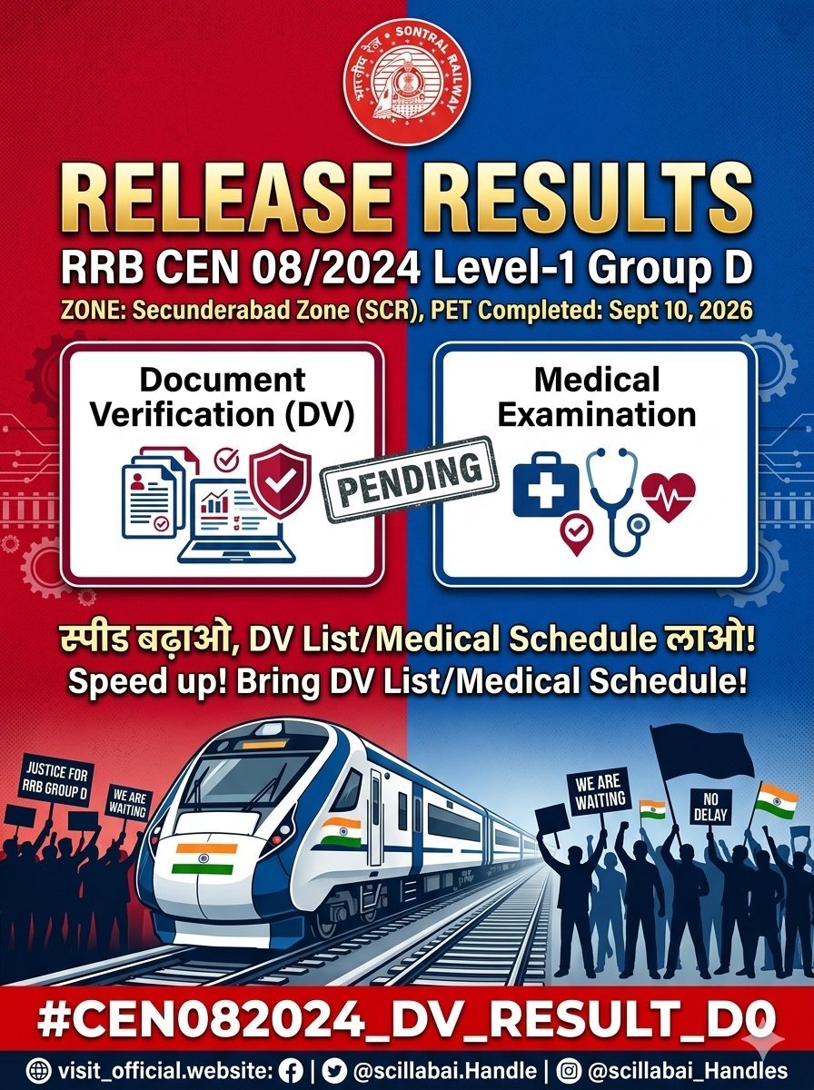 chittibabuRanga's tweet photo. Respectfully urging @SCRailwayIndia &amp; @RailMinIndia to look into the pending DV &amp; Medical schedule for RRB CEN 08/2024 Level-1 Group D (Secunderabad zone). PET was successfully completed on Sep 10, 2026. Candidates are anxiously waiting for the results. Please release it soon! 🙏 https://t.co/unu5Wq9j80