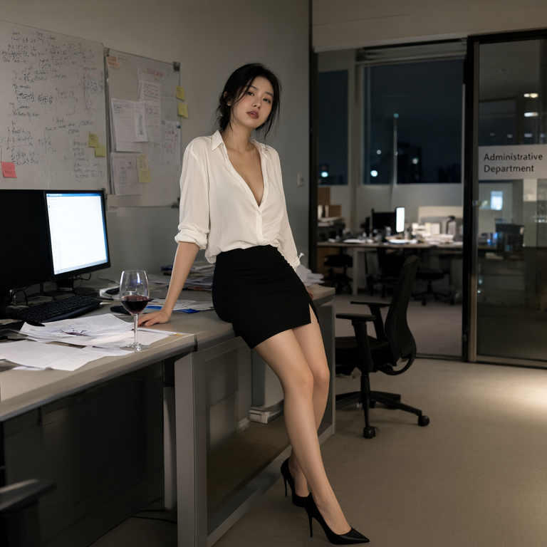 didisgrl's tweet photo. Female secretary in the office. #AI #AIGirl #OfficeLady
Prompt:
Subject & Style: Hyper-realistic documentary snapshot, vertical composition (3:4), captured on a mobile phone with slight grain. An office scene after hours of overtime in a corporate building. A clearly adult 23-year-old East Asian woman, secretary, exuding a refined, mature charm with a hint of tipsy warmth. She is leaning alone against the edge of her workstation as she tidies up scattered documents, looking directly at the lens with a calm, slightly dazed expression.

Body & Proportions (Balanced & Elegant): Tall (approx 170cm), small head, narrow shoulders, and long legs. She possesses a harmonious, well-proportioned figure typical of an attractive young wife: a modest yet full bust that creates a natural, graceful curve under the open blouse, a defined but soft waist, and rounded, feminine hips. Her thighs are smooth and slender with a healthy amount of softness, visible through the slit of her skirt. The overall silhouette is elegant and balanced, emphasizing natural body lines, gentle curves, and a cohesive hourglass shape without exaggerated volume.

Clothing & Texture: Upper body in a lightweight white blouse with the top three buttons undone, revealing just enough of the shoulder straps of a light skin-tone camisole underneath to suggest comfort after a long day. The fabric drapes naturally over her torso, highlighting her waistline and the gentle curve of her bust without clinging too tightly or stretching excessively. Lower body in a black hip-hugging mini skirt with a subtle side slit, allowing for natural movement and revealing the smooth line of her leg when she shifts her weight. Black pointed toe stilettos add to her height and elegance.

Pose & Expression: She supports herself with one hand on the desk, while the other hand rests naturally on her lap or holds a pen, emphasizing her relaxed posture. Her head is slightly tilted, gaze calmly directed at the lens, outer eye corners relaxed, not smiling but with a hint of quiet intimacy and fatigue. Her collar is naturally open due to her forward lean, exposing more of her neckline and upper chest. Jet-black long hair loosely pinned up low, with a few strands clinging to her face. Light makeup slightly smudged, lips in muted bean paste shade, cheeks flushed from wine.

Setting & Composition (Rich Office Details): The photographer stands diagonally in front from the aisle, at about 50mm eye level.

Foreground: On the desk, a half-drunk glass of red wine and scattered contracts. A keyboard and mouse are visible near her hand.
Midground: Behind her, a whiteboard covered in scribbles and sticky notes, indicating intense work sessions. Dual computer monitors glow with soft light, reflecting on her face. An empty adjacent chair adds to the "after hours" atmosphere.
Background: Through the glass partition labeled "Administrative Department," a conference room is visible in the background, with a long table and chairs, slightly blurred for depth. The window outside shows the dark night sky, contrasting with the cool white indoor lighting.
Lighting & Atmosphere: Cool white office lighting mixed with the warm glow from the monitors creates a realistic, moody atmosphere. The light highlights the texture of her skin and the fabric of her blouse, emphasizing her natural curves subtly. The scene feels intimate, candid, and slightly chaotic, capturing a moment of vulnerability and quiet allure in a professional setting.

Key Focus Lock: 23-year-old secretary + refined mature charm + tall 170cm + well-proportioned figure + modest full bust + rounded hips + white blouse with three buttons undone + black hip-hugging mini skirt with slit + pointed toe stilettos + looking at lens unsmiling + half glass of red wine + Administrative Department + office documentary snapshot + whiteboard + dual monitors + conference room background.